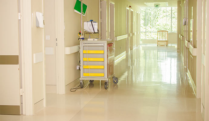 Cleaned hospital hallway with medical-cart