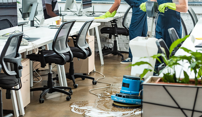 Expert cleaning floor using equipment