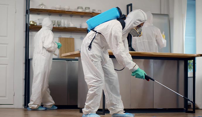 Professional team sanitizing kitchen room